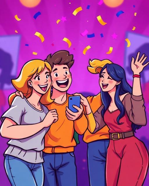 Diverse group of happy people enjoying entertainment together, colorful illustration showing community and social connection