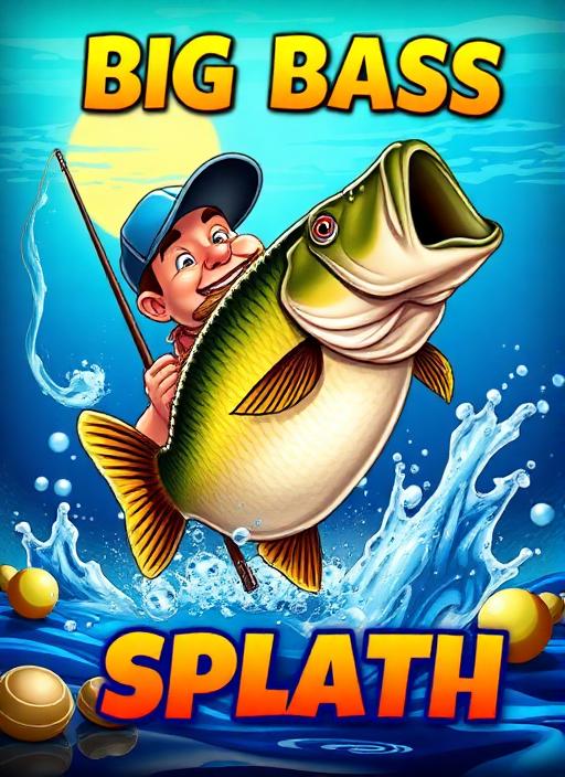 Big Bass Splash slot game cover with fisherman, large bass fish, water splash effects