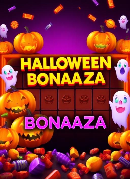 Halloween Bonanza slot game cover with pumpkins, spooky ghosts, candy and Halloween theme