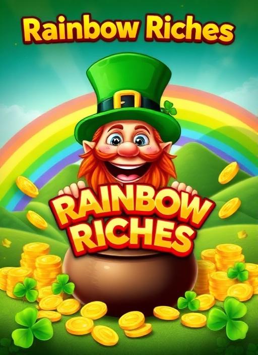 Rainbow Riches slot game cover with leprechaun, pot of gold, rainbow and Irish theme
